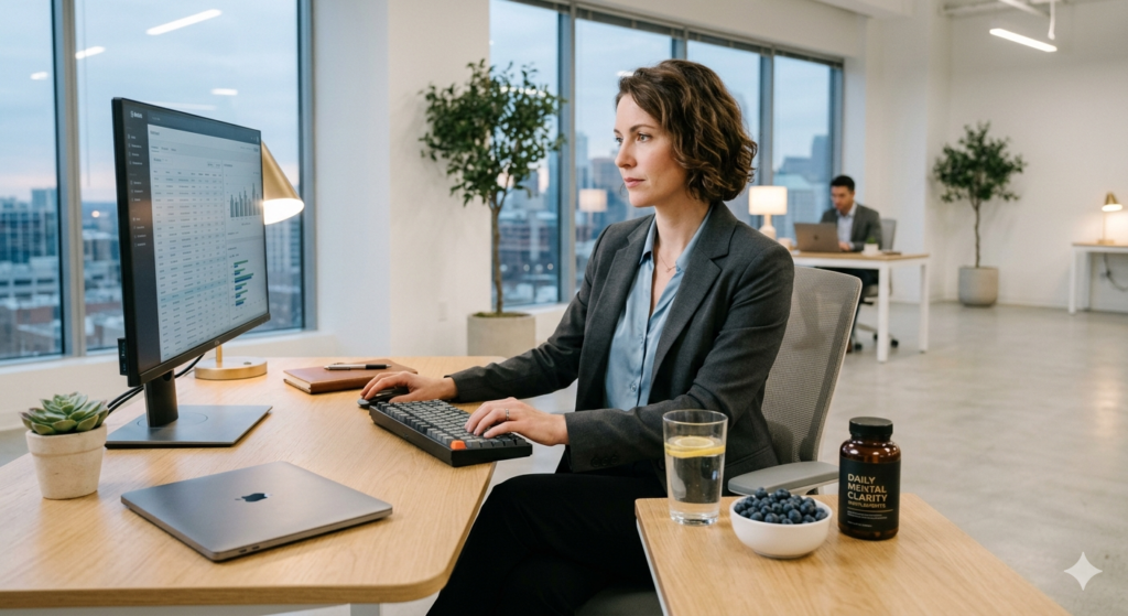 A high-performing professional using brain health supplements for mental clarity and focus in 2026.