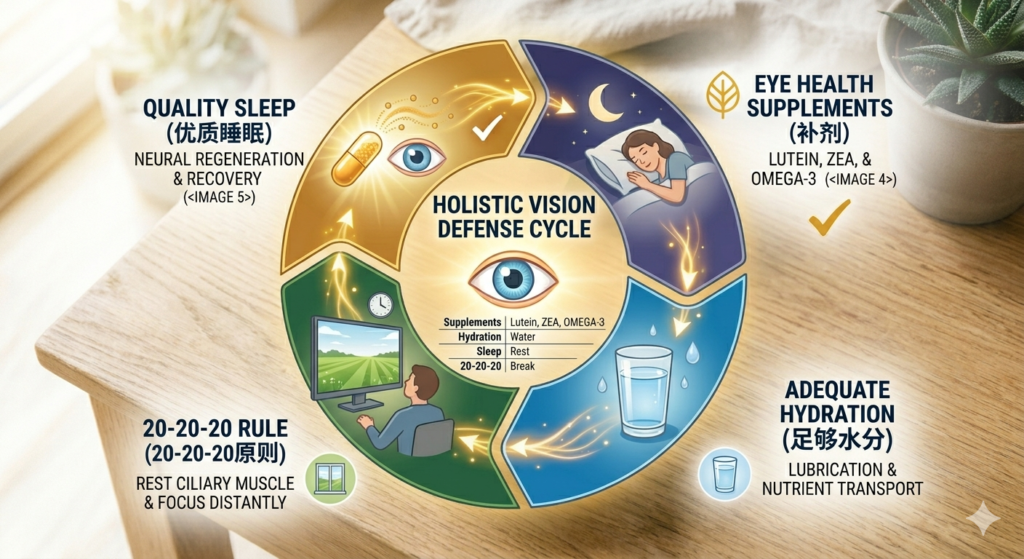 A holistic vision care cycle combining eye vitamins with healthy digital habits.