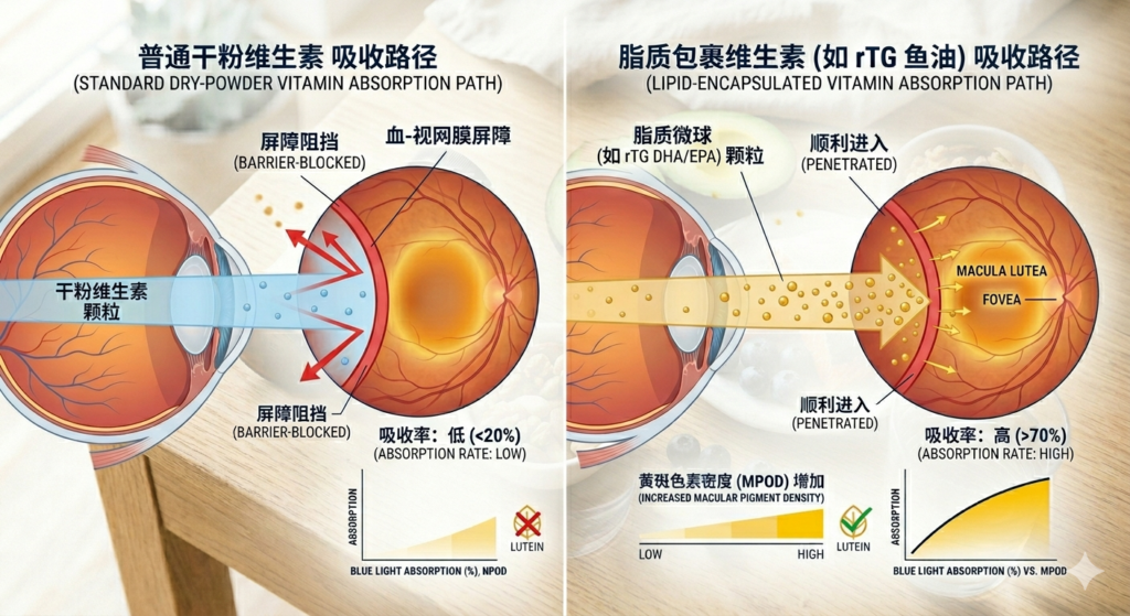 Diagram showing bioavailable vitamins for eye health crossing the blood-retinal barrier vs. low-quality synthetic versions.