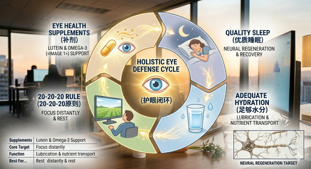 A holistic 360 vision care strategy: combining eye health supplements with digital habits.
