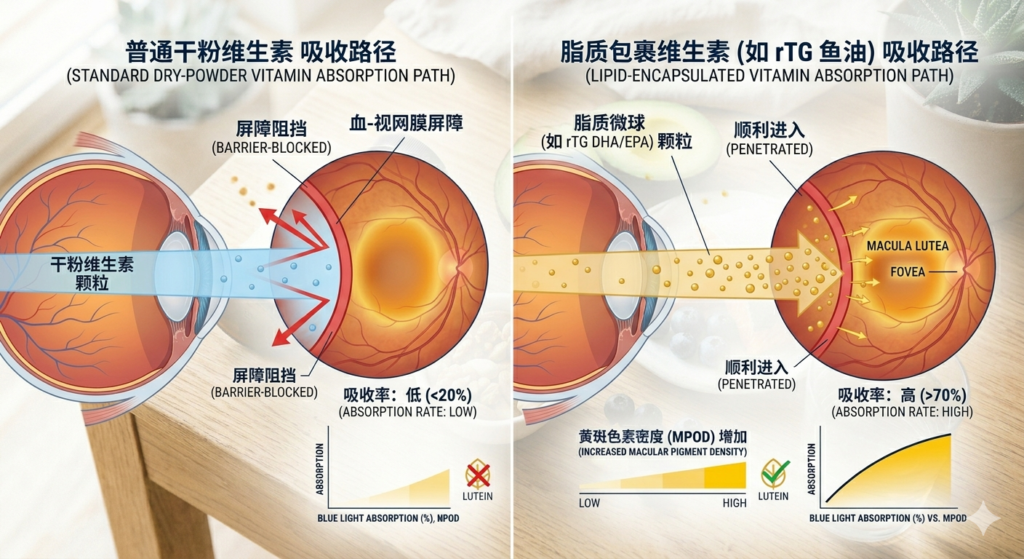Diagram showing bioavailable eye vitamins crossing the blood-retinal barrier compared to low-quality synthetic versions.