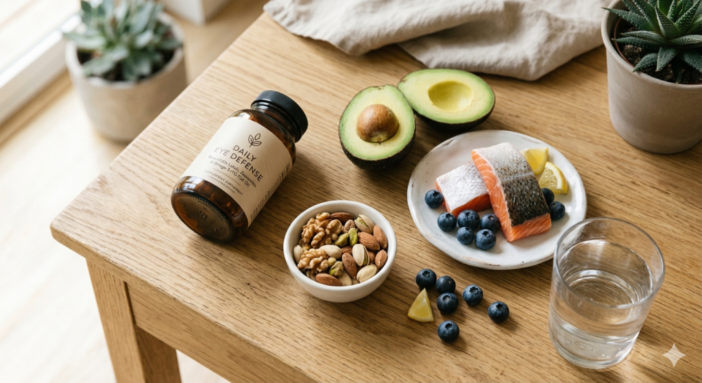 Premium eye vitamins placed next to healthy fats to illustrate the importance of lipid-based absorption.