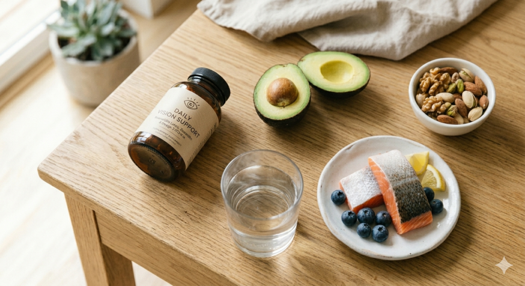 High-quality vitamins for eyes placed next to healthy fats to illustrate the importance of lipid-based absorption.