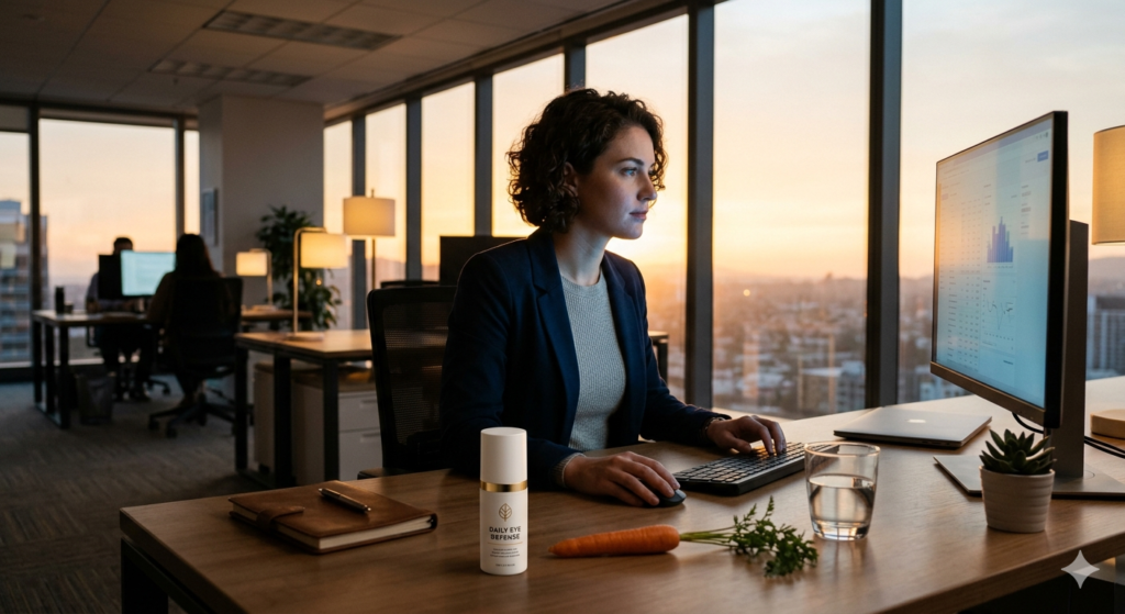 A professional using eye health supplements to combat digital eye strain and blue light fatigue in 2026.