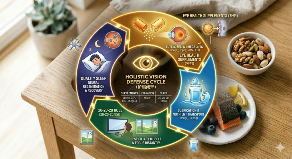 A holistic vision care cycle combining vitamins for eyesight with healthy digital habits.