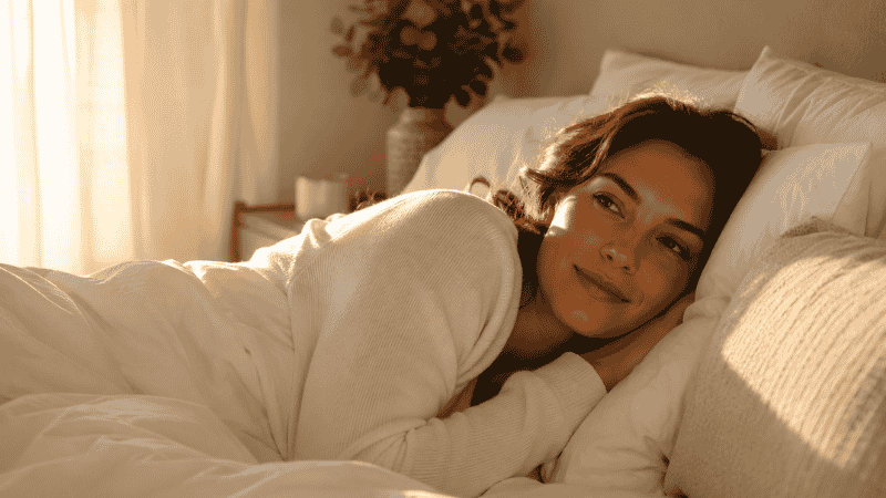 Person waking peacefully and rested in morning light representing improved sleep quality after finding the best magnesium supplement for sleep