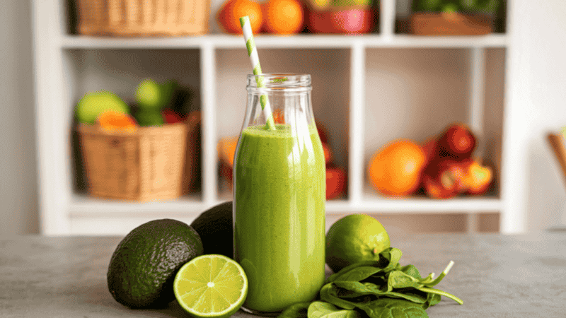 A collection of high-quality dietary supplement glass bottles on a sunlit kitchen counter next to a fresh green smoothie, representing the integration of nutrition and supplementation.