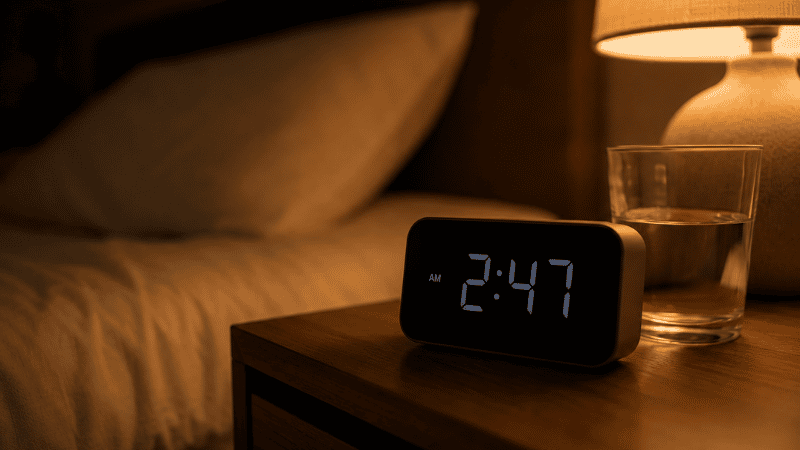 Bedside clock showing 2:47 AM representing the anxiety and sleep disruption cycle that magnesium glycinate may help break