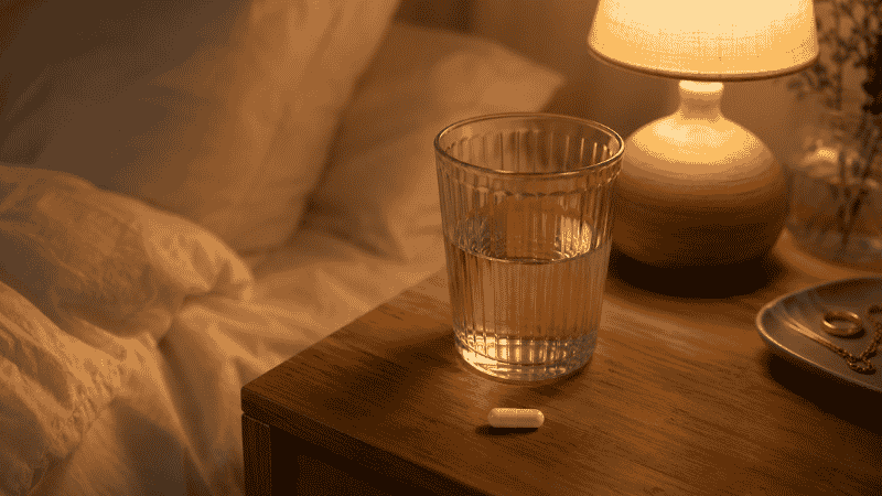Bedside table with magnesium glycinate capsule and water glass showing 30 to 60 minutes before bed dosage timing