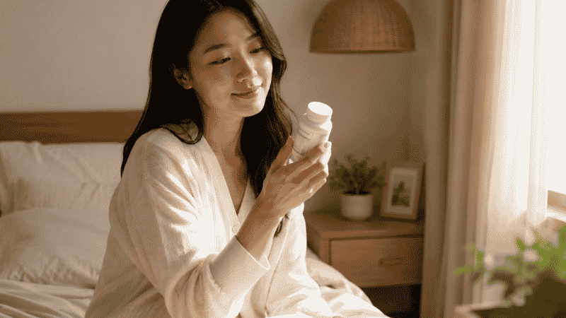 Person thoughtfully reviewing magnesium glycinate supplement bottle while troubleshooting sleep results