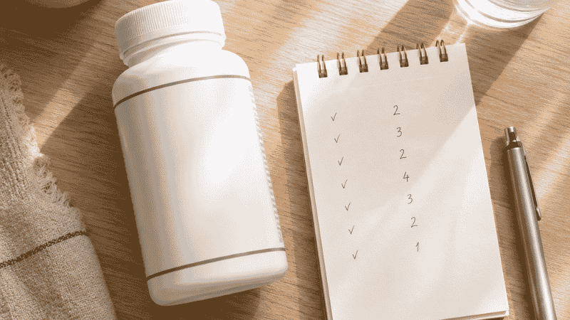 Supplement bottle next to handwritten dosage notes showing elemental magnesium calculation
