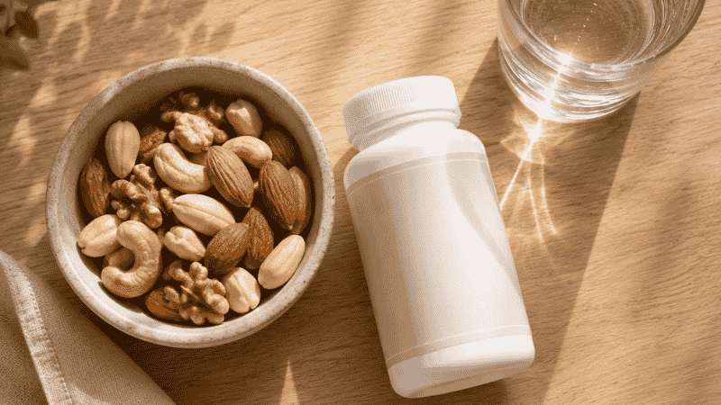 Small bowl of nuts next to magnesium supplement and water showing light food pairing option for taking magnesium glycinate