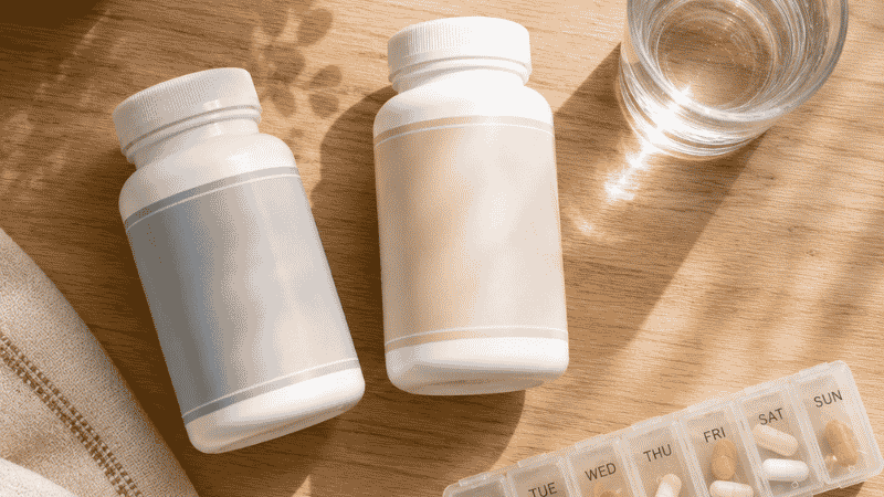 Two magnesium supplement bottles with pill organizer showing a combined magnesium glycinate and threonate daily routine