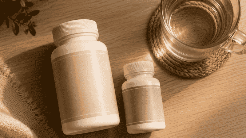 Two supplement bottles representing magnesium glycinate and L-theanine combination for sleep and anxiety support