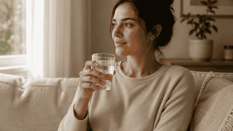 Person calmly sitting with glass of water representing rational assessment of magnesium supplement side effects without panic