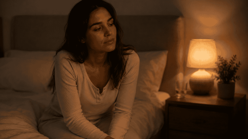 Person sitting quietly awake at night on bed edge representing anxiety-driven sleep disruption that magnesium may help address