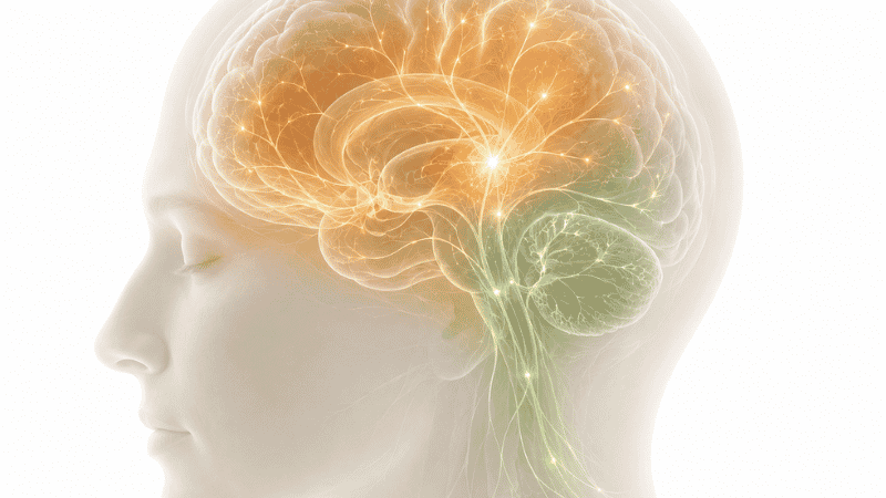 Minimalist illustration of brain with calm neural pathways showing how magnesium supports sleep through GABA and nervous system regulation