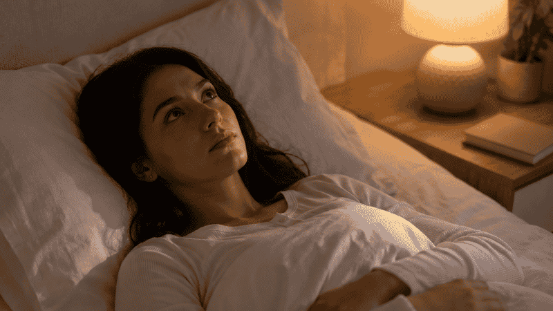 Person lying awake at night in bed representing common sleep problems that magnesium glycinate or threonate may help address