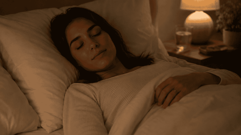 Person peacefully settling into bed after completing magnesium supplement timing routine before sleep