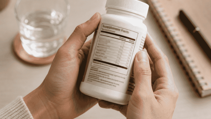Person checking supplement facts label on magnesium bottle to verify elemental magnesium dosage for sleep support