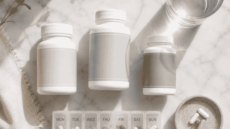 Multiple supplement bottles and pill organizer arranged showing timing and spacing considerations when taking magnesium with other supplements
