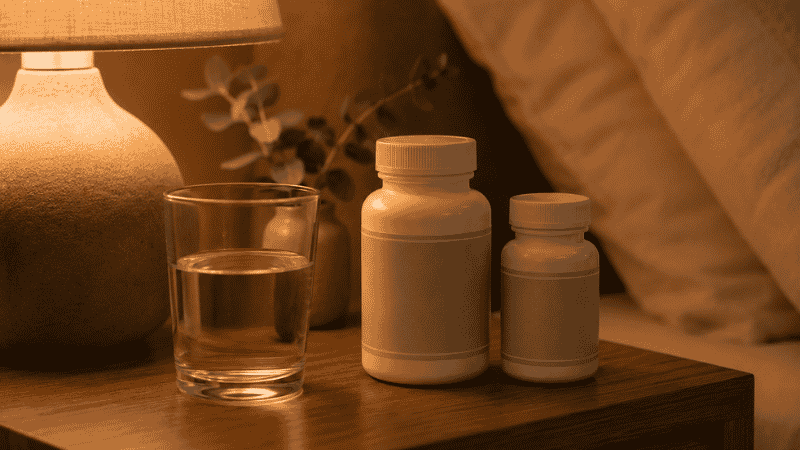 Two magnesium supplement bottles on bedside table representing combined magnesium taurate and glycinate evening sleep routine