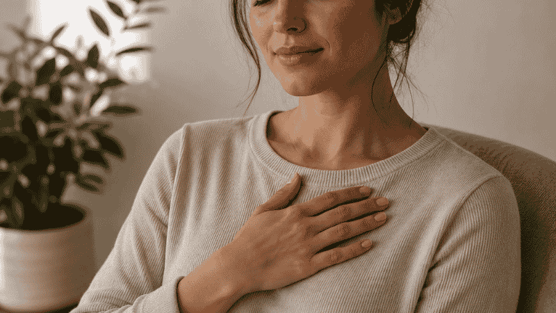 Person with hand on chest in calm introspective pose representing somatic anxiety and heart awareness that magnesium taurate may help address