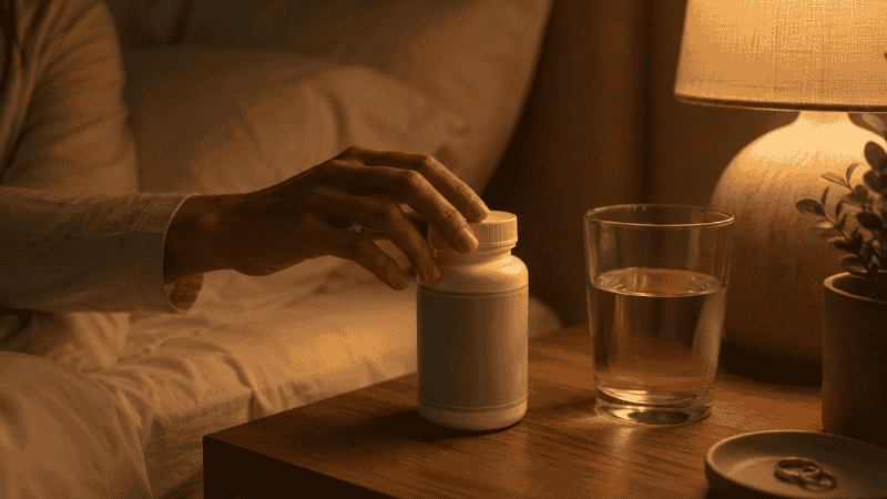 Hand reaching for magnesium supplement bottle on bedside table 30 to 60 minutes before bed as part of sleep routine