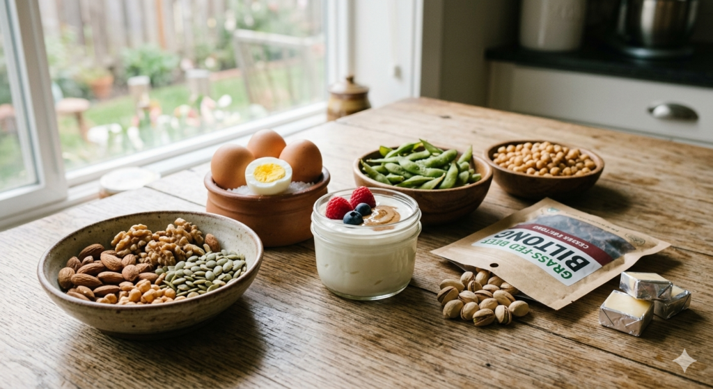 A variety of high protein snacks like eggs, nuts, and yogurt on a wooden table