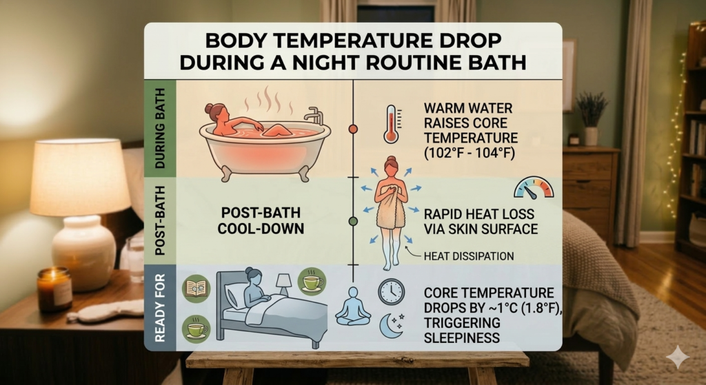 Body temperature drop during a night routine bath