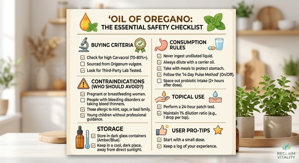 Safety checklist for using oil of oregano, covering dosage, storage, and contraindications.