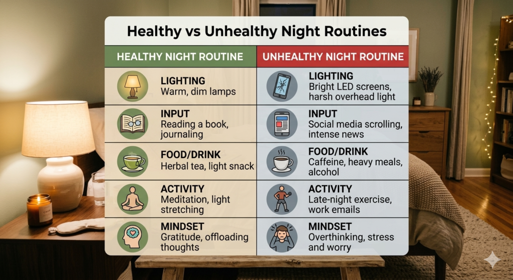 Comparison table of healthy vs unhealthy routines in the night