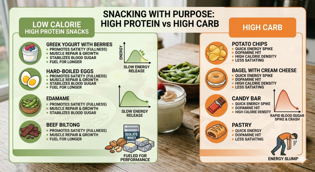 Infographic: Low calorie high protein snacks vs high carb snacks