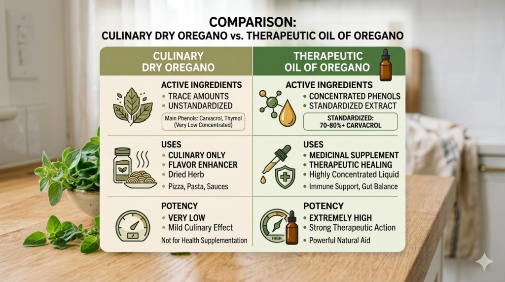 Comparison chart showing the difference between culinary oregano and medicinal oil of oregano.