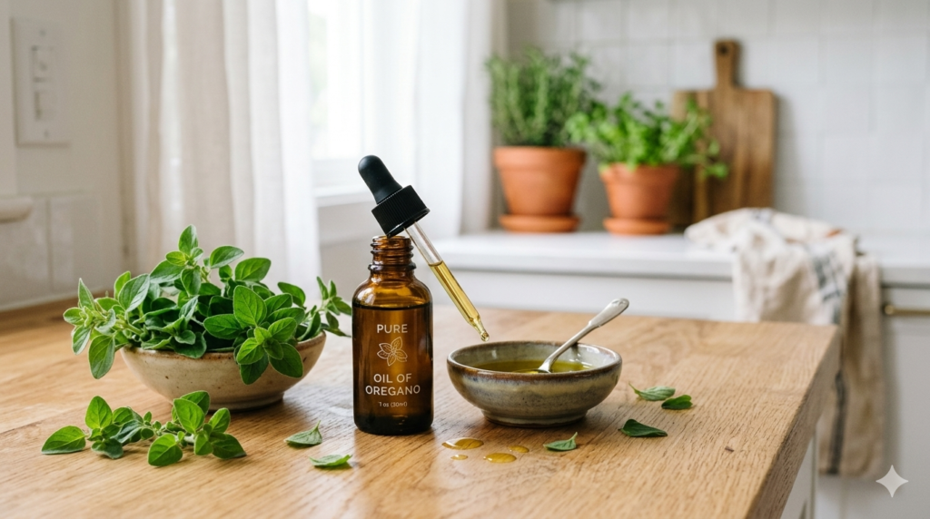 Pure oil of oregano in a dropper bottle with fresh oregano leaves for natural immune support.