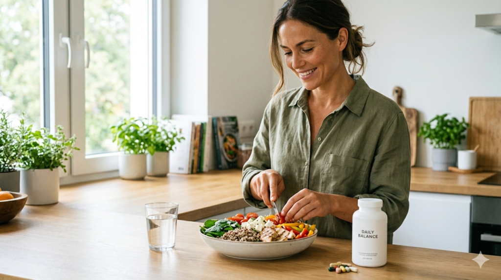 A healthy person using a natural appetite suppressant to manage daily cravings and metabolic health.