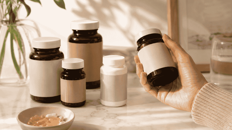 Several vitamin D supplement bottles arranged on a surface with a hand examining one, representing the process of choosing the best vitamin D supplement
