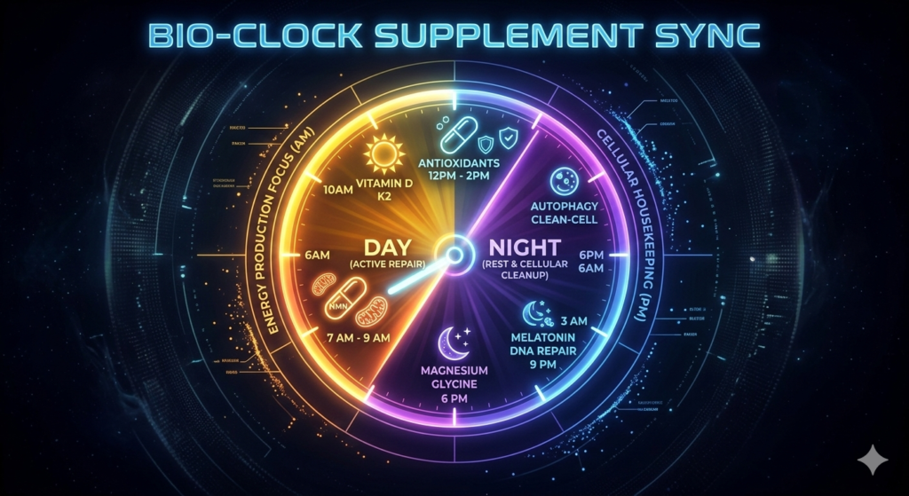 A futuristic neon circular clock showing optimal timing for NMN, Magnesium, and Vitamin D based on circadian rhythms.