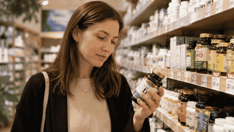 Person holding vitamin D supplement bottle at store shelf considering how much vitamin D to take per day
