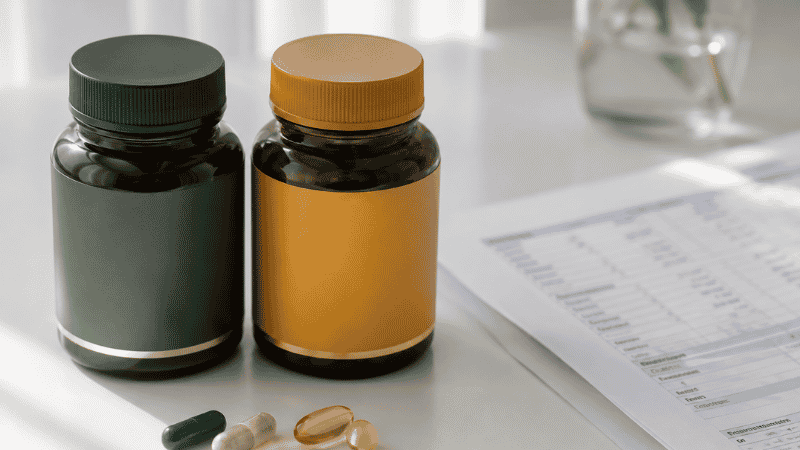 Two supplement bottles representing magnesium and vitamin D placed next to a blood test report showing their interdependent relationship for activation and health