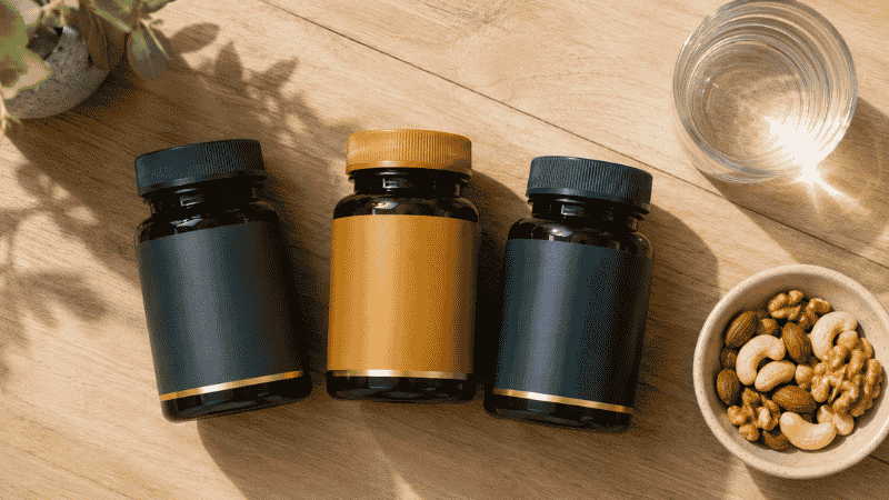 Three supplement bottles representing magnesium vitamin D3 and K2 arranged together with nuts and water showing the three-nutrient synergy framework for bone cardiovascular and sleep health