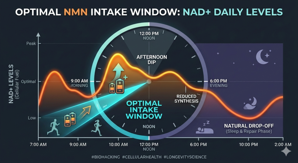 Infographic showing optimal NMN intake window between 7 AM and 9 AM aligned with morning NAD+ peaks.