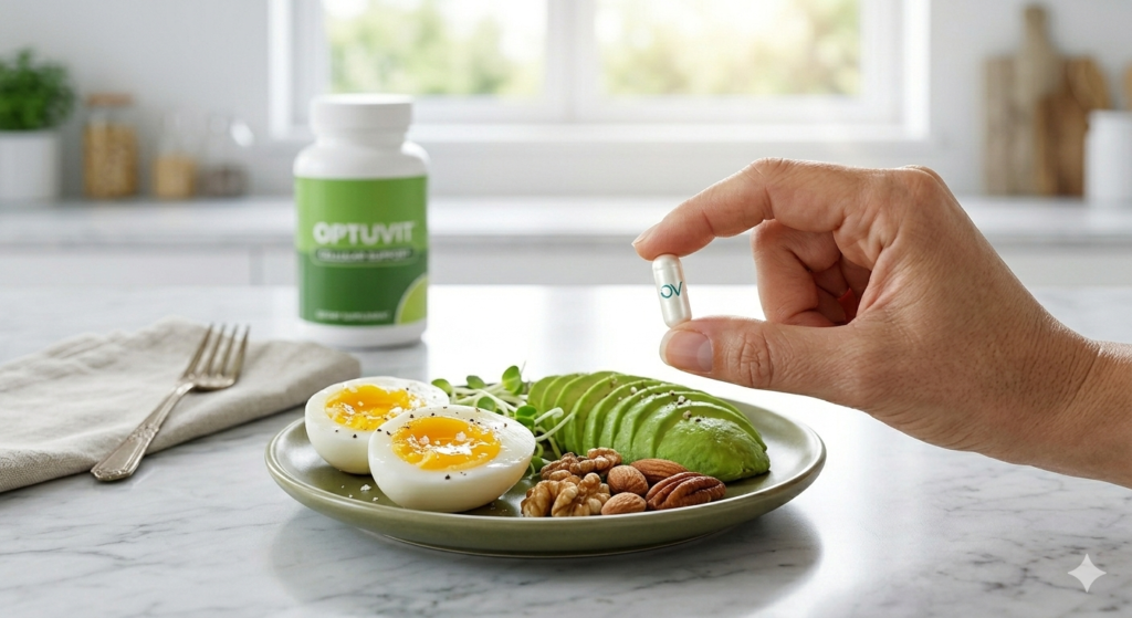 Taking Optuvit longevity supplement with a healthy meal of avocado and eggs for better absorption.