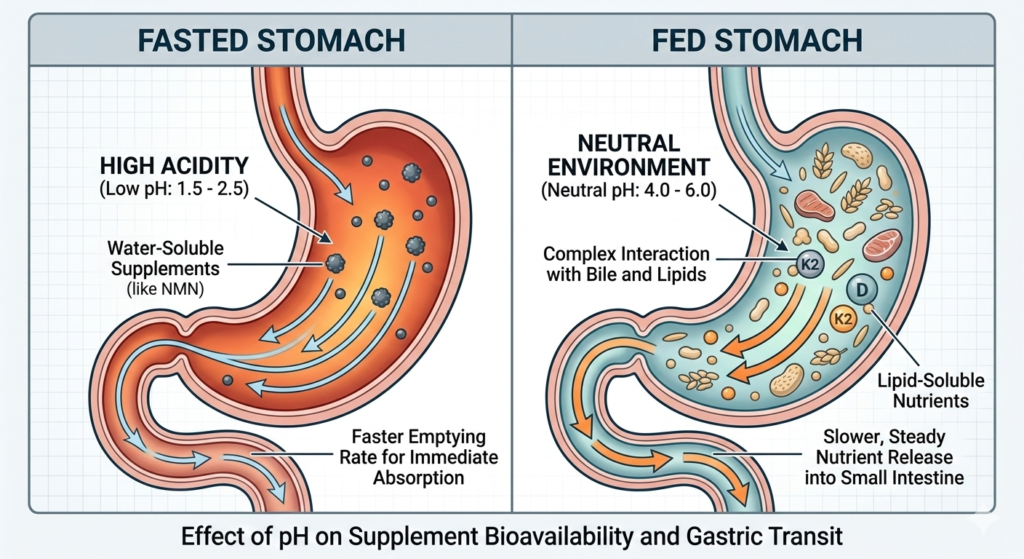 Medical diagram comparing fasted stomach pH vs fed stomach pH for supplement bioavailability.