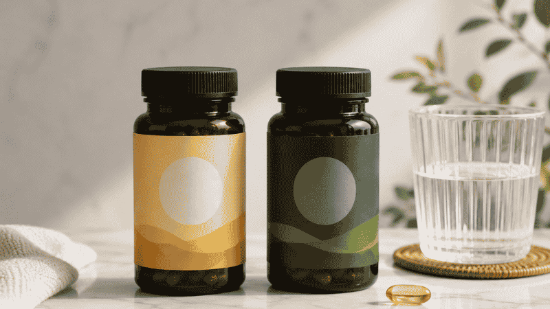 Two supplement bottles representing vitamin D3 and K2 placed together showing the recommended combination for bone and cardiovascular health