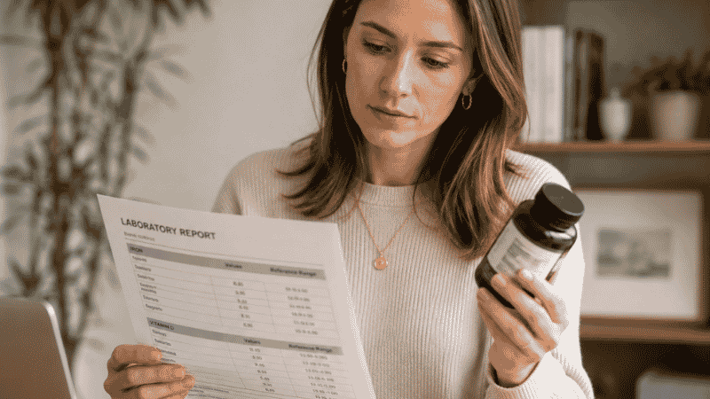 Person holding blood test results and vitamin D supplement bottle representing dosing based on serum 25-hydroxyvitamin D levels