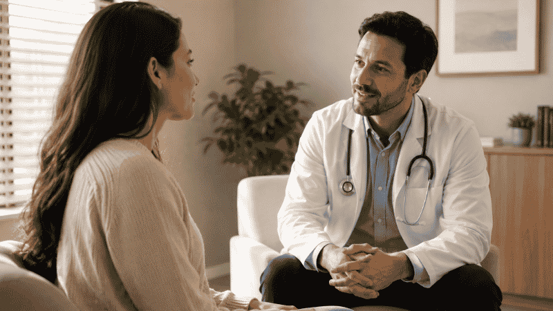 Patient consulting with doctor about vitamin D supplement safety representing the need for medical supervision for people with kidney disease sarcoidosis or certain medications