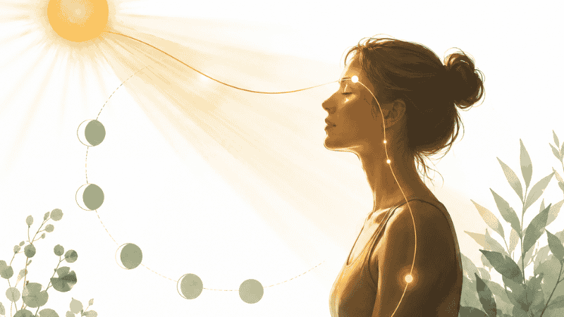 Minimalist illustration showing sunlight connecting to human figure representing vitamin D synthesis and its role in circadian rhythm and sleep regulation