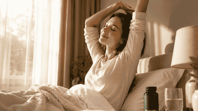 Person waking up peacefully in morning light with supplement bottle on bedside table representing how magnesium and vitamin D together support sleep and overall health