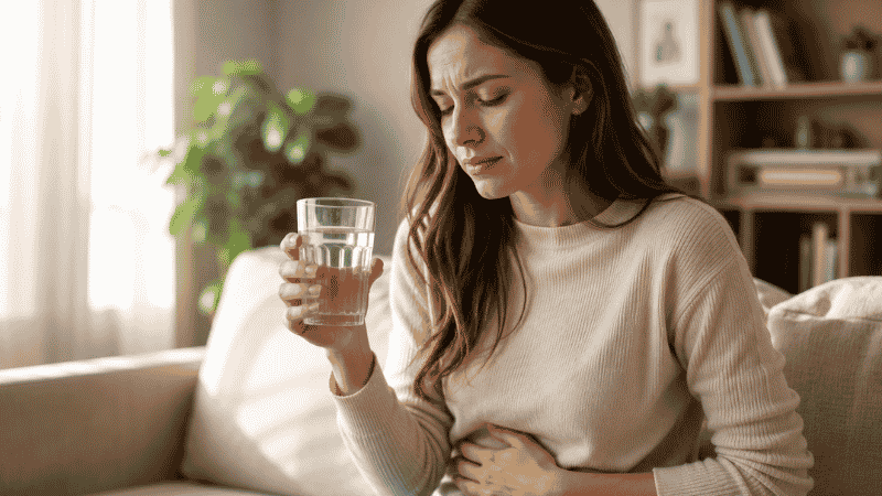 Person sitting calmly with water glass representing the early warning signs of too much vitamin D and the need for rational self-assessment